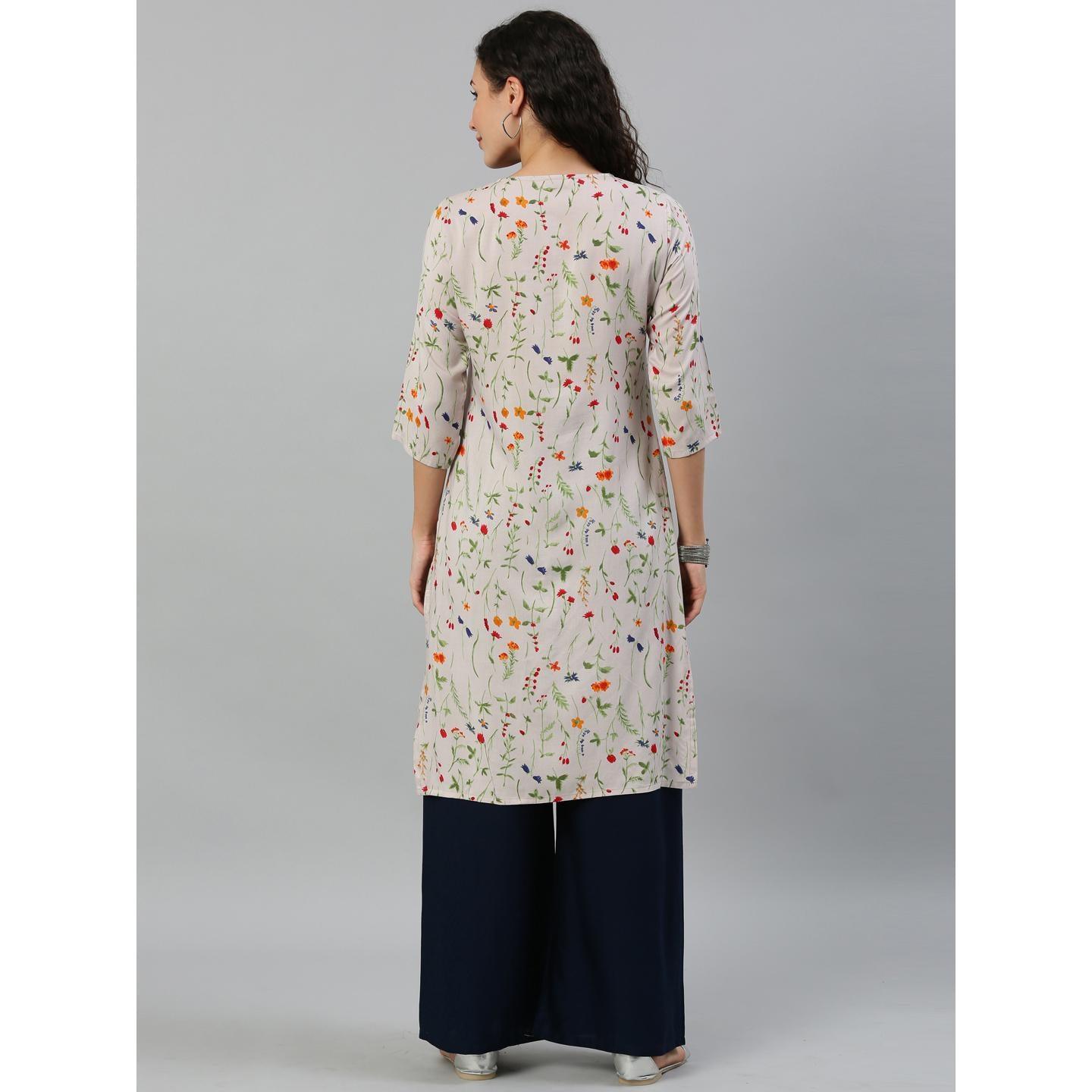 Blissta Women's Off White Rayon Printed Straight Kurti - Peachmode