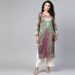 Blissta - Women's Olive Colored Banarasi Silk Straight Kurti - Peachmode