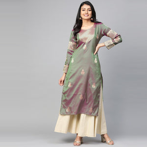 Blissta - Women's Olive Colored Banarasi Silk Straight Kurti - Peachmode