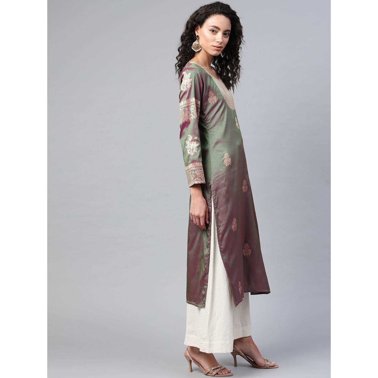 Blissta - Women's Olive Colored Banarasi Silk Straight Kurti - Peachmode