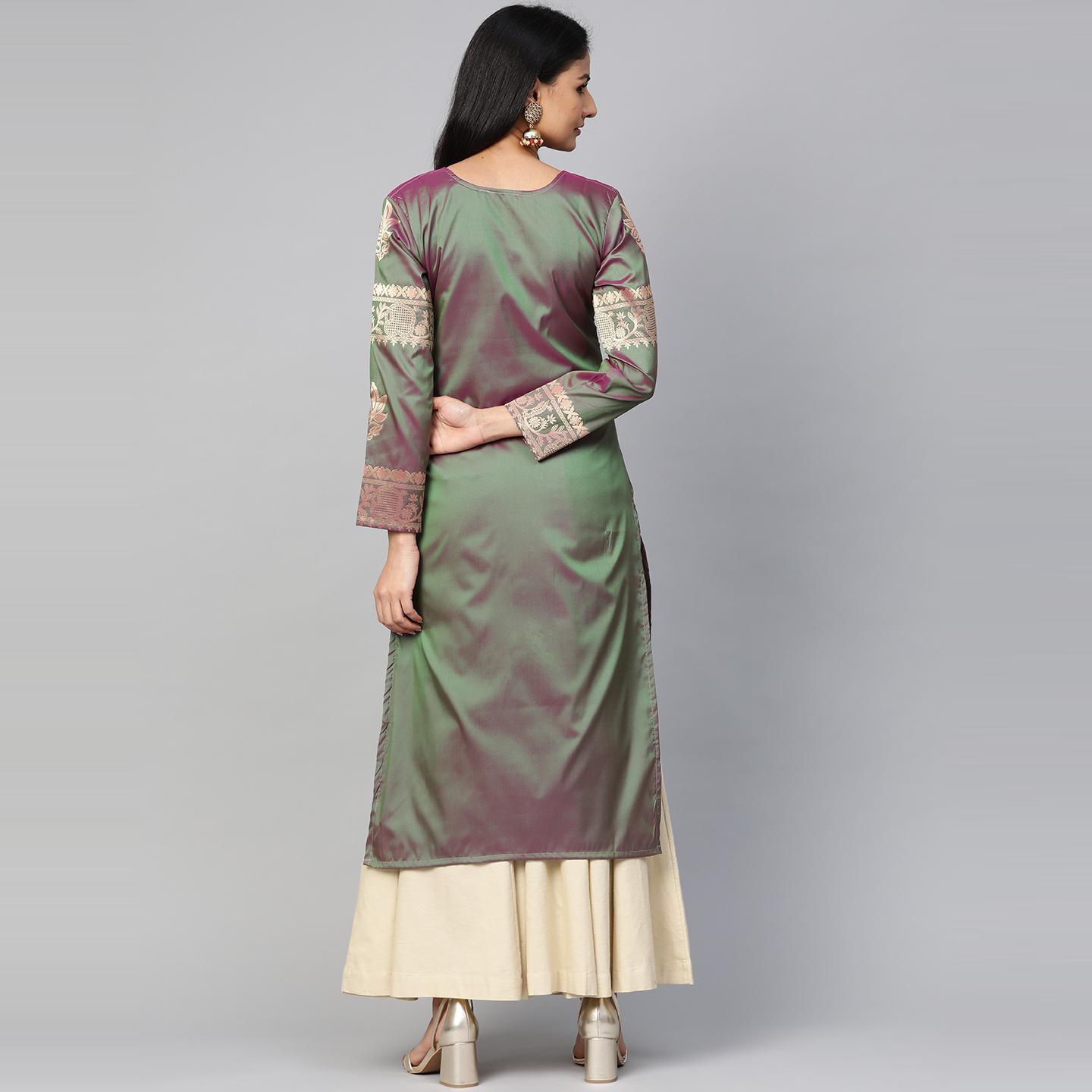 Blissta - Women's Olive Colored Banarasi Silk Straight Kurti - Peachmode