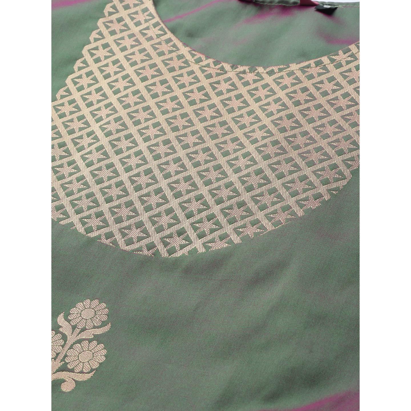 Blissta - Women's Olive Colored Banarasi Silk Straight Kurti - Peachmode