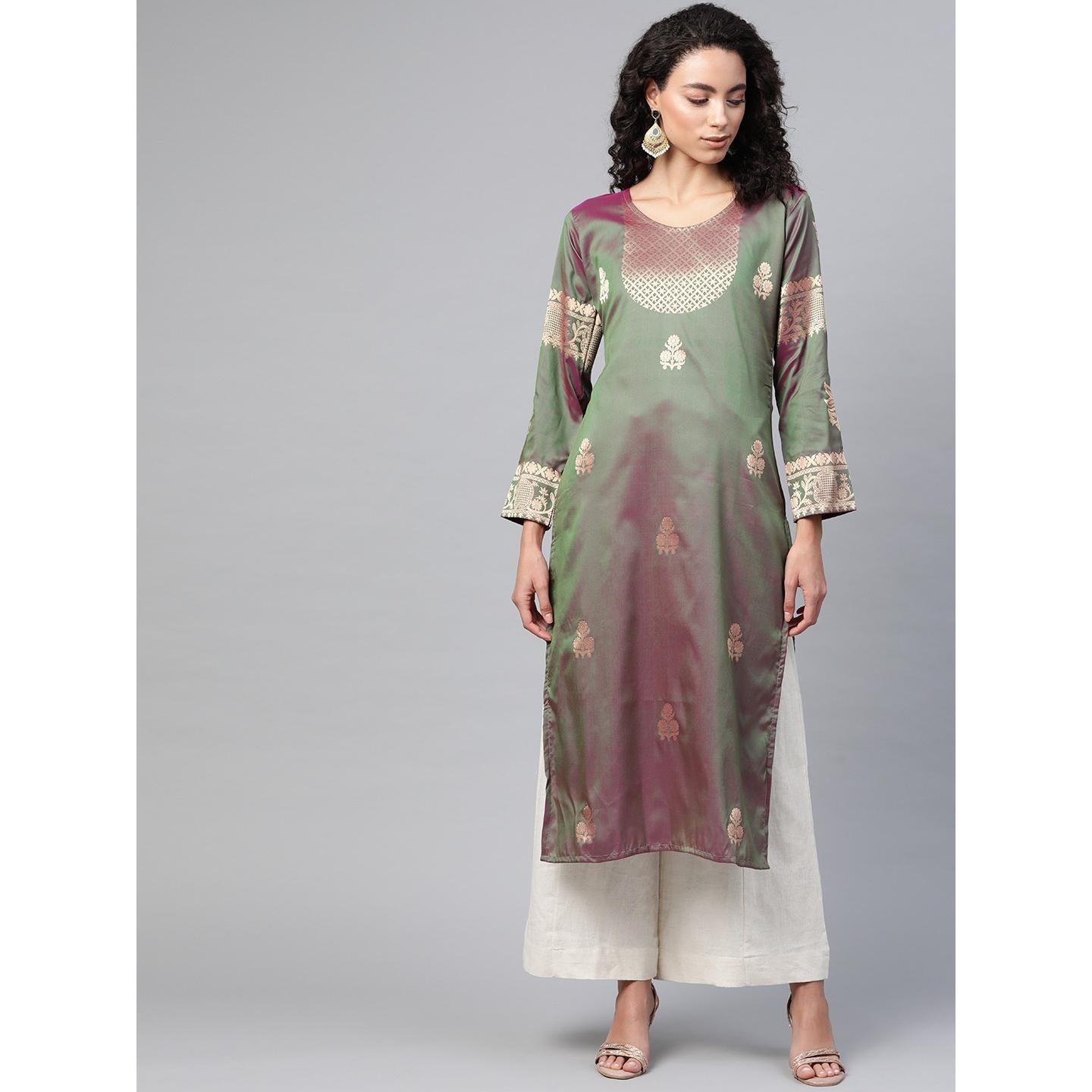 Blissta - Women's Olive Colored Banarasi Silk Straight Kurti - Peachmode