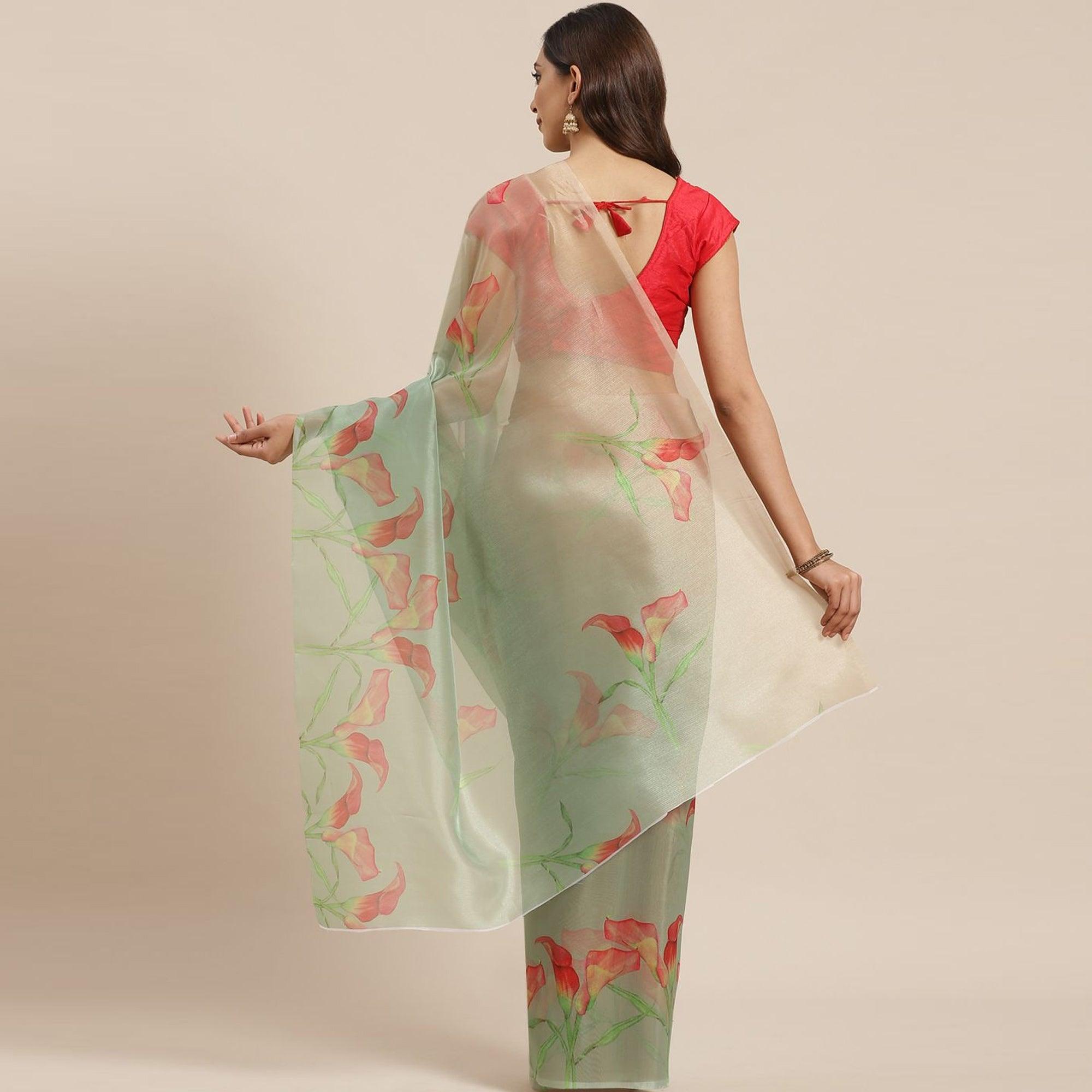 Blissta Women's Parrot Green Colored Floral Printed Organza Saree - Peachmode