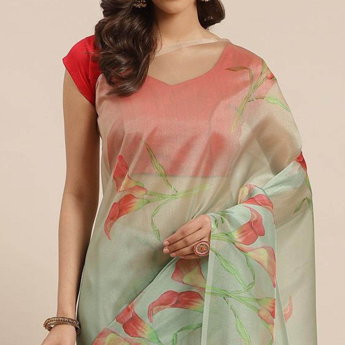 Blissta Women's Parrot Green Colored Floral Printed Organza Saree - Peachmode