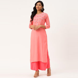 Blissta - Women's Peach Colored Embroidered Rayon Straight Kurti - Peachmode