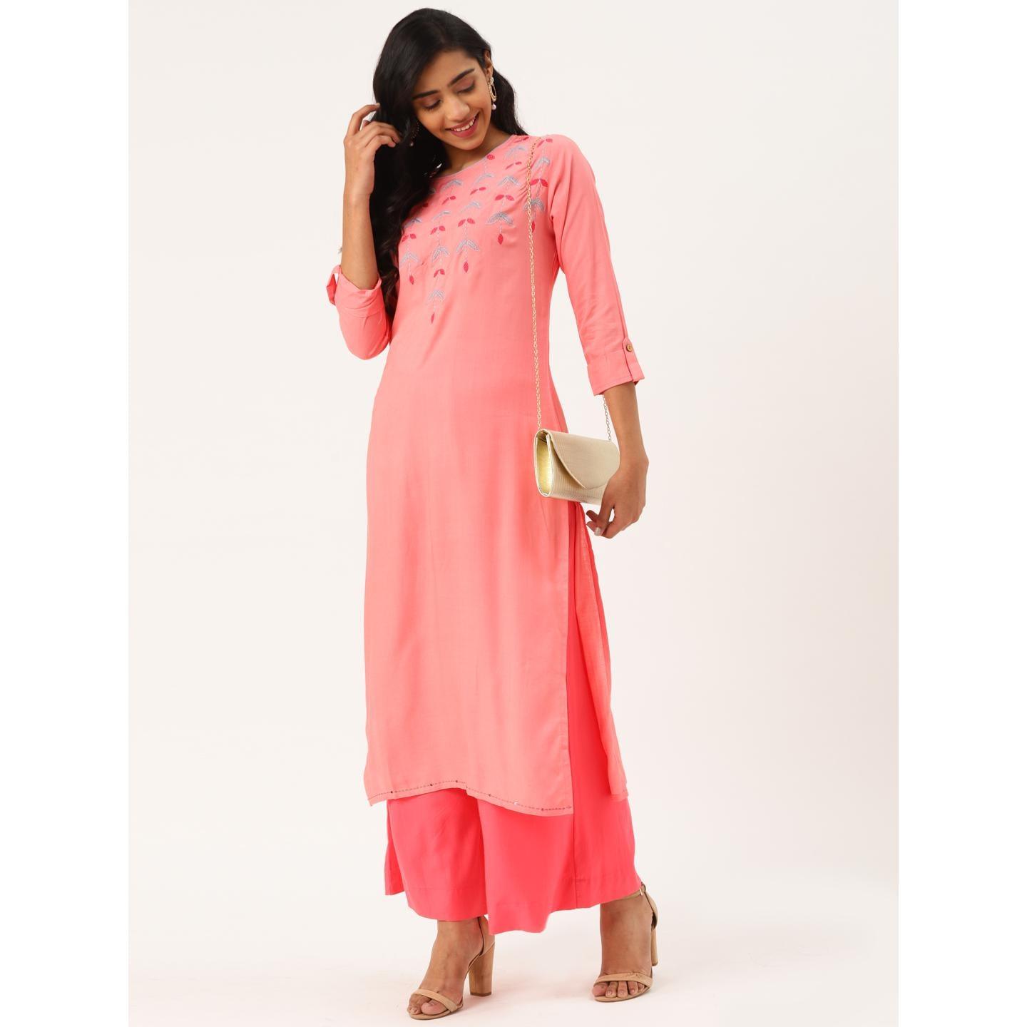 Blissta - Women's Peach Colored Embroidered Rayon Straight Kurti - Peachmode
