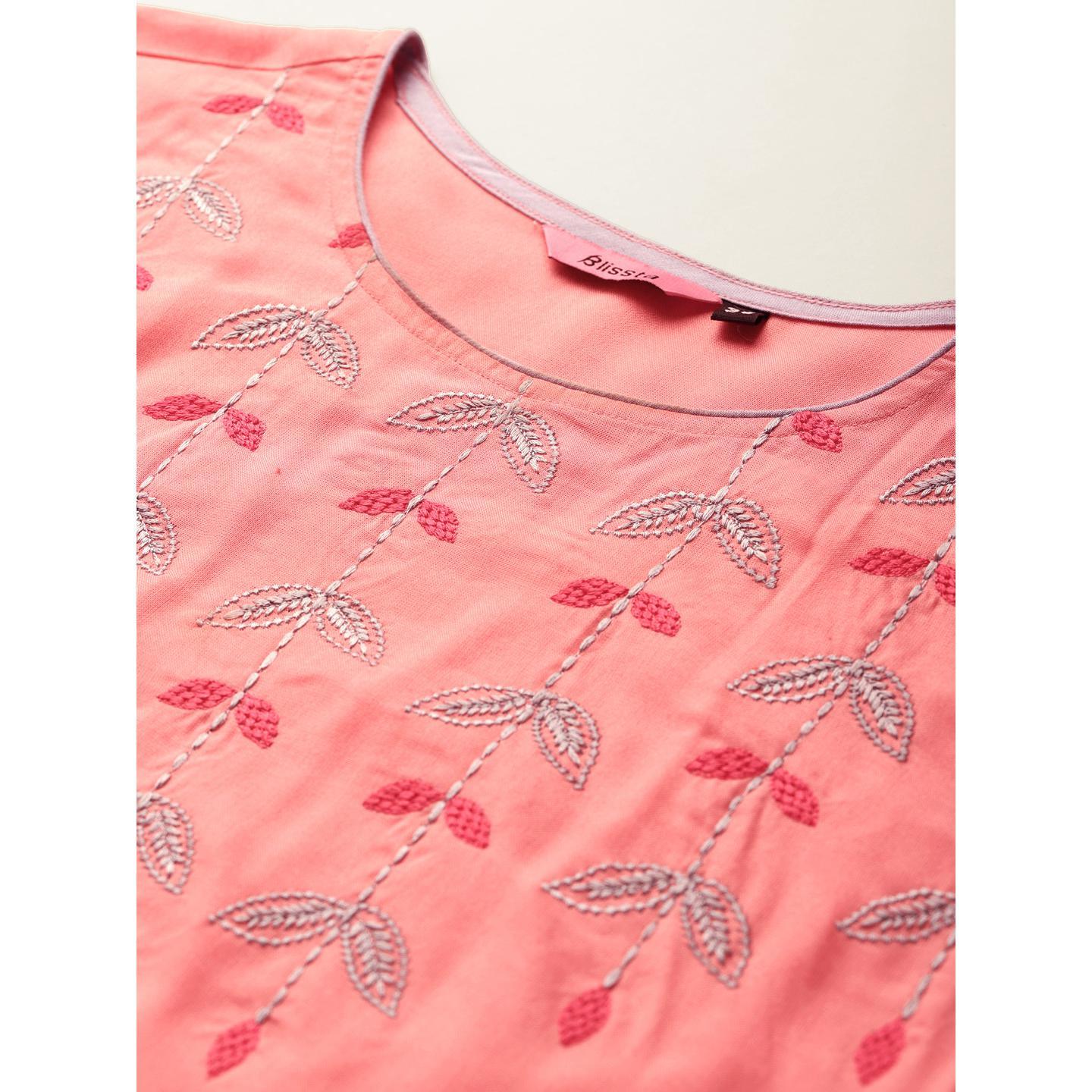 Blissta - Women's Peach Colored Embroidered Rayon Straight Kurti - Peachmode