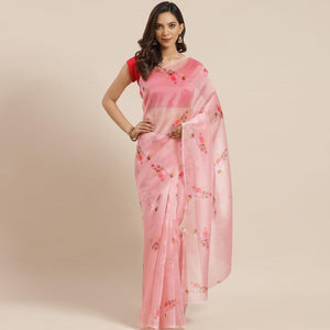 Blissta Women's Peach Colored Floral Printed Organza Saree - Peachmode