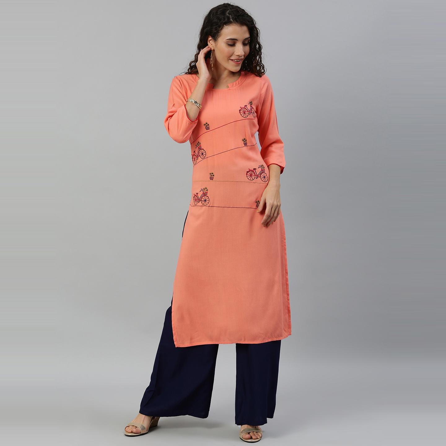 Blissta Women's Peach Coloured Rayon Embroidered Straight Kurti - Peachmode