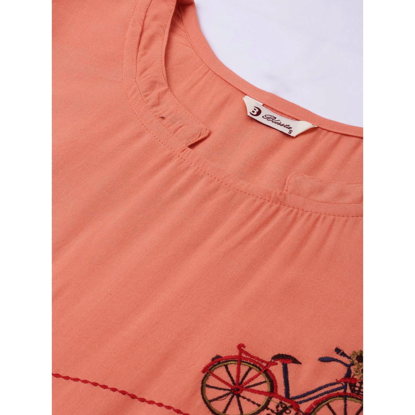 Blissta Women's Peach Coloured Rayon Embroidered Straight Kurti - Peachmode