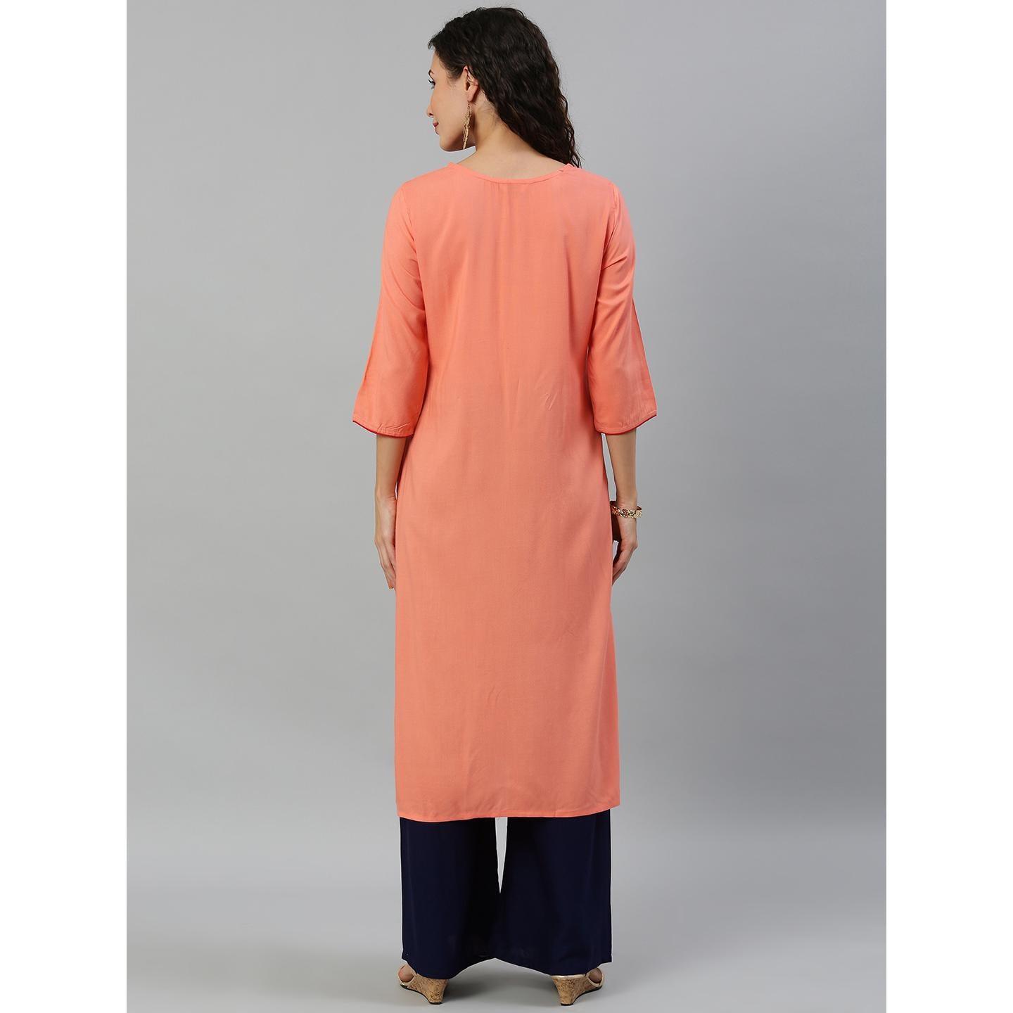 Blissta Women's Peach Coloured Rayon Embroidered Straight Kurti - Peachmode