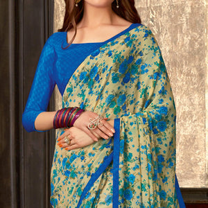 Blooming Beige-Blue Colored Casual Wear Floral Printed Georgette Saree - Peachmode