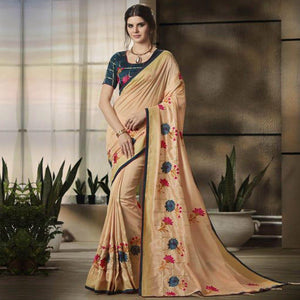 Blooming Beige Colored Partywear Embroidered Art Silk Saree - Peachmode