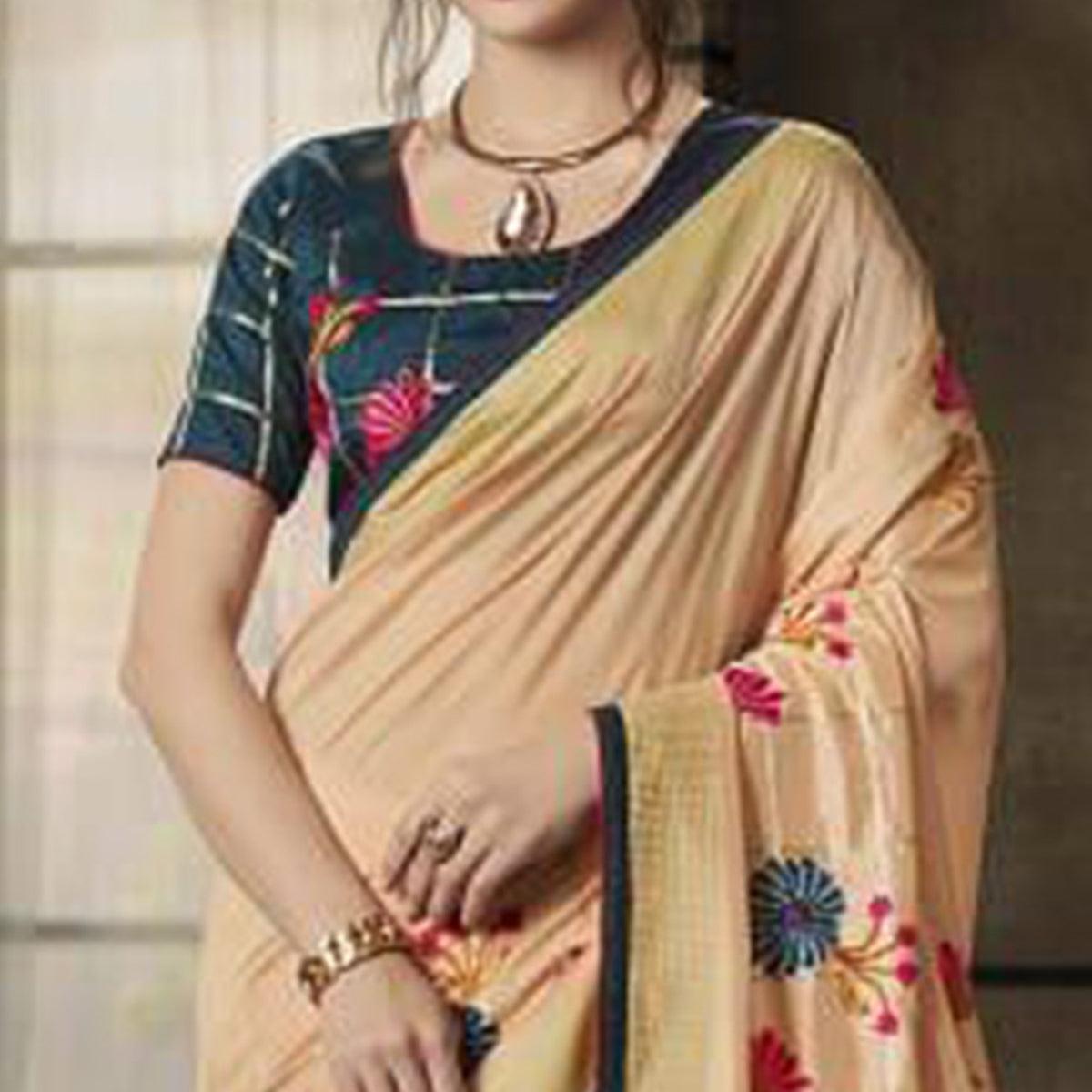 Blooming Beige Colored Partywear Embroidered Art Silk Saree - Peachmode