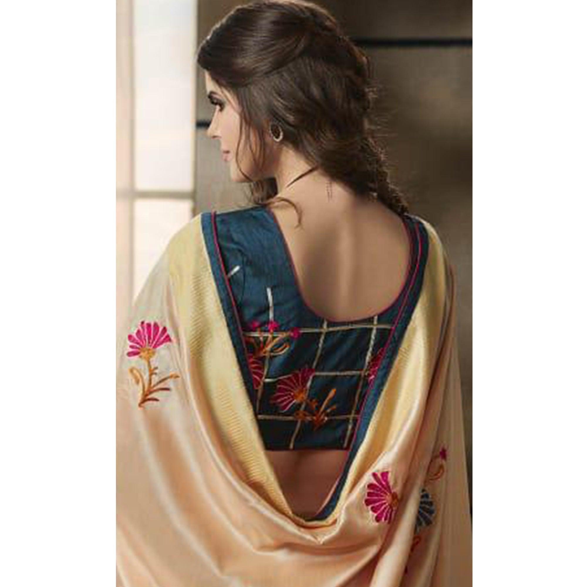 Blooming Beige Colored Partywear Embroidered Art Silk Saree - Peachmode