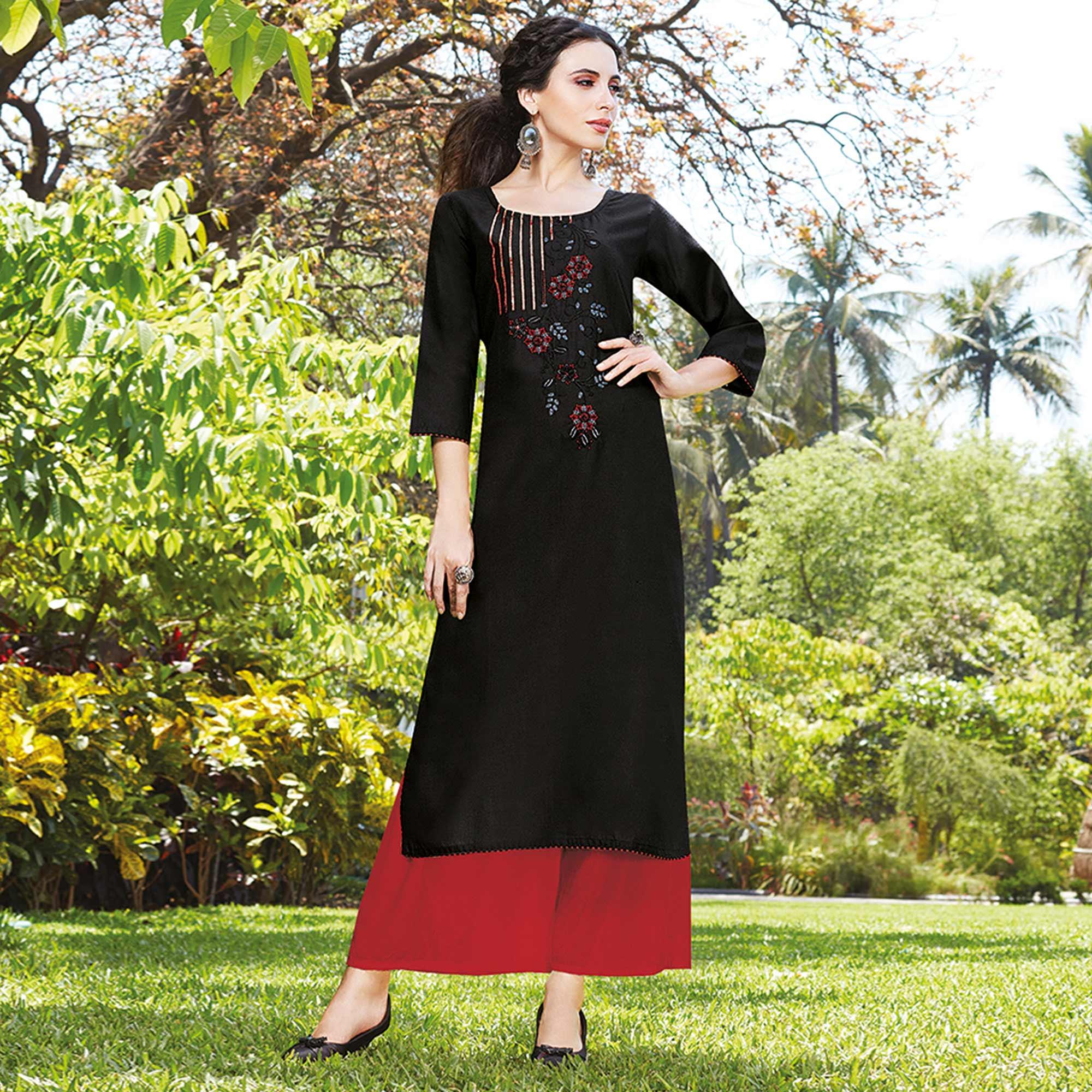 Blooming Black Colored Casual Wear Embroidered Cotton Sulb Kurti - Peachmode