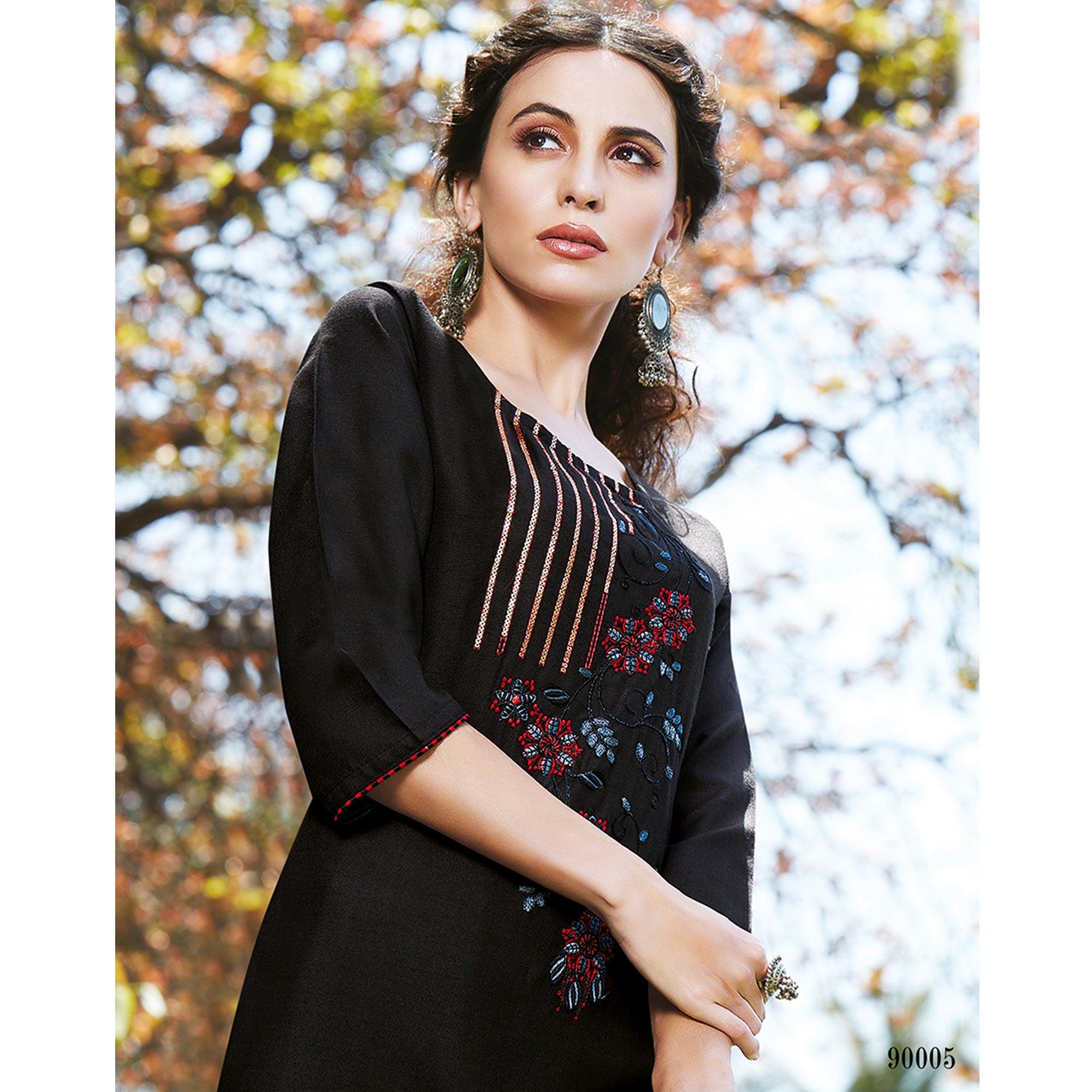 Blooming Black Colored Casual Wear Embroidered Cotton Sulb Kurti - Peachmode
