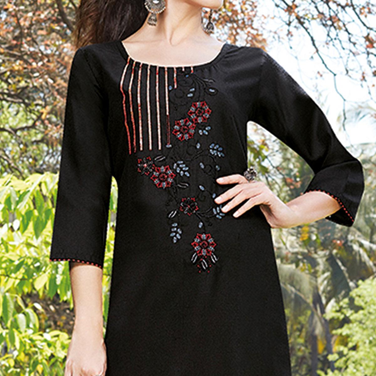 Blooming Black Colored Casual Wear Embroidered Cotton Sulb Kurti - Peachmode