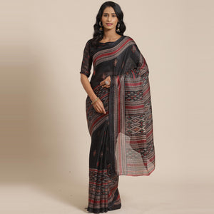 Blooming Black Colored Casual Wear Printed Jute Silk Saree - Peachmode