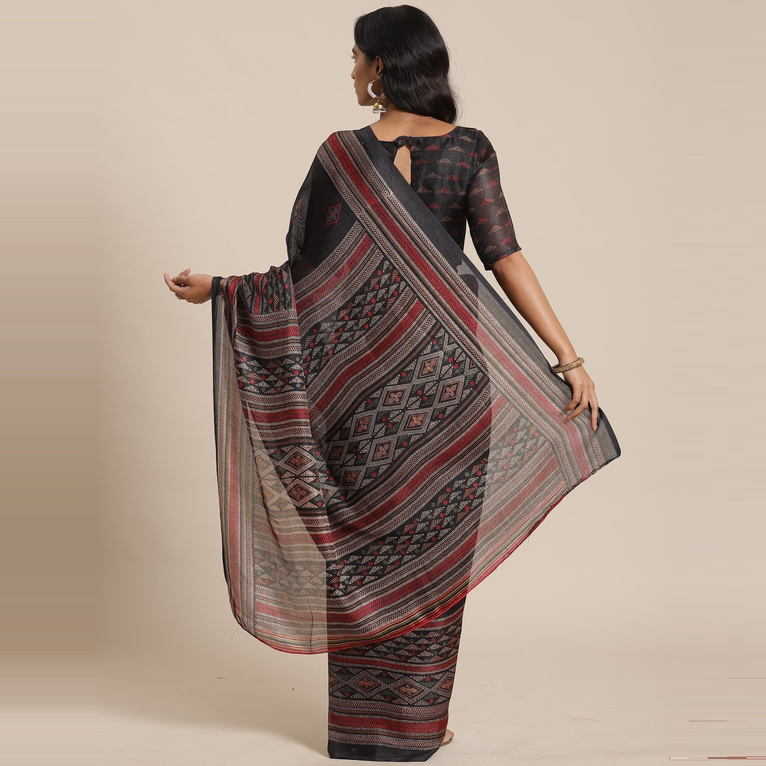 Blooming Black Colored Casual Wear Printed Jute Silk Saree - Peachmode