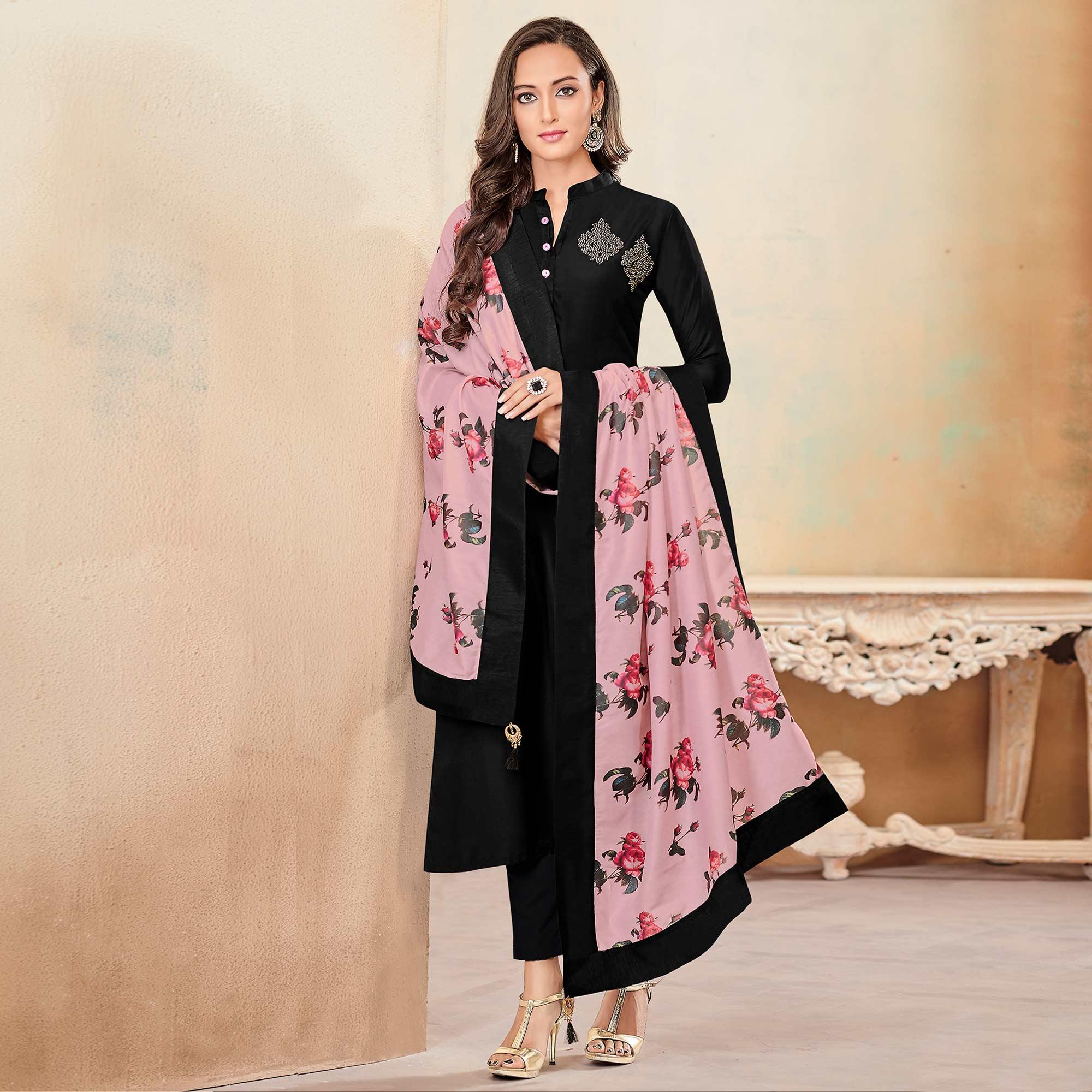 Blooming Black Colored Partywear Cotton Suit - Peachmode