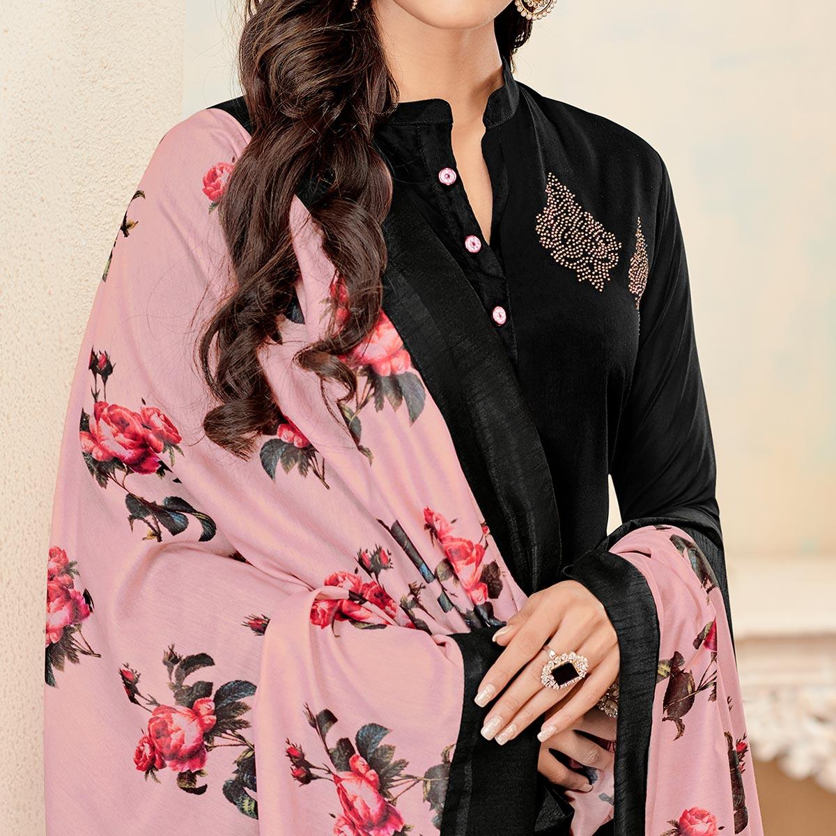 Blooming Black Colored Partywear Cotton Suit - Peachmode
