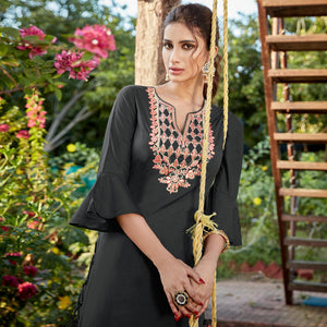 Blooming Black Colored Partywear Embroidered Cotton Silk Kurti-Palazzo Set - Peachmode