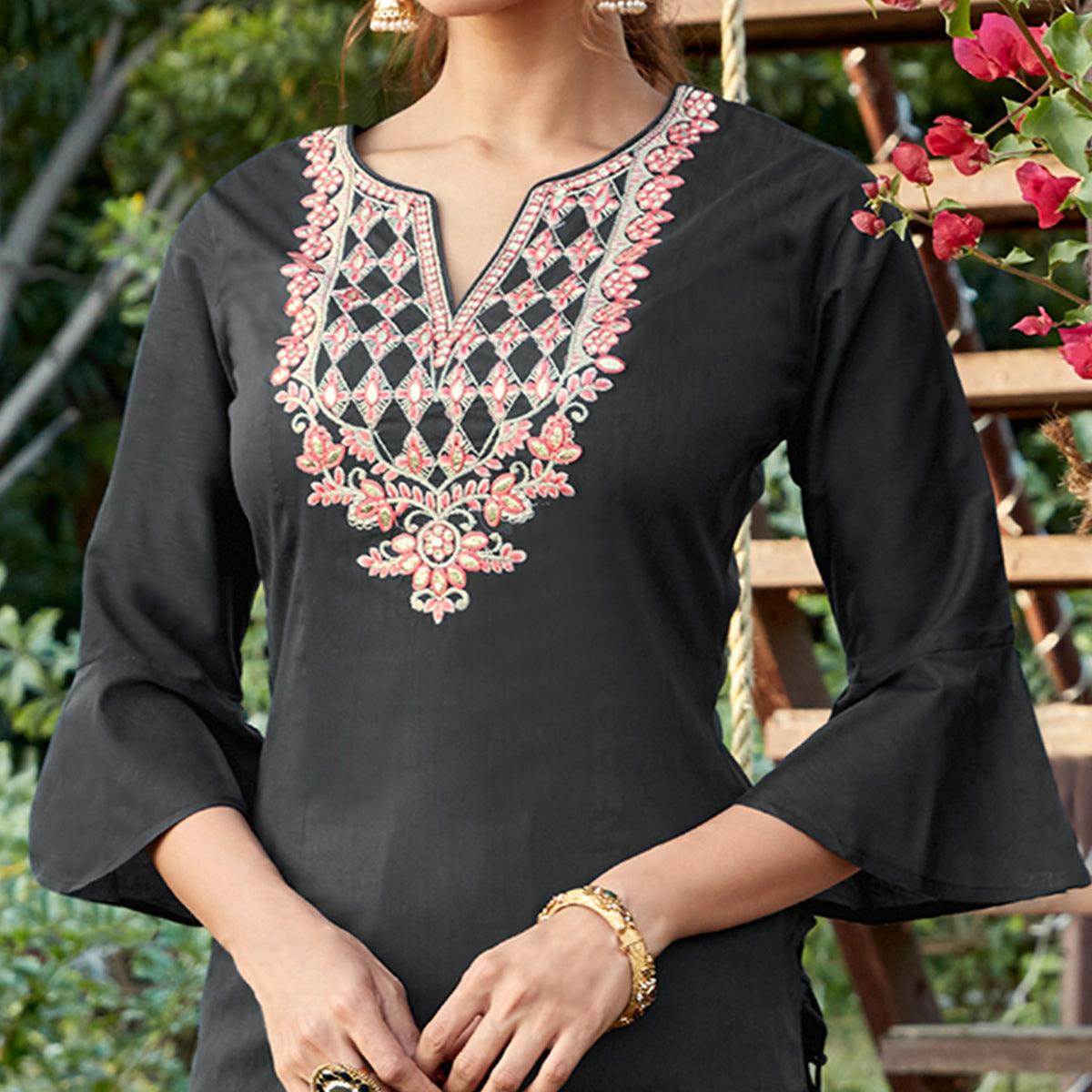 Blooming Black Colored Partywear Embroidered Cotton Silk Kurti-Palazzo Set - Peachmode