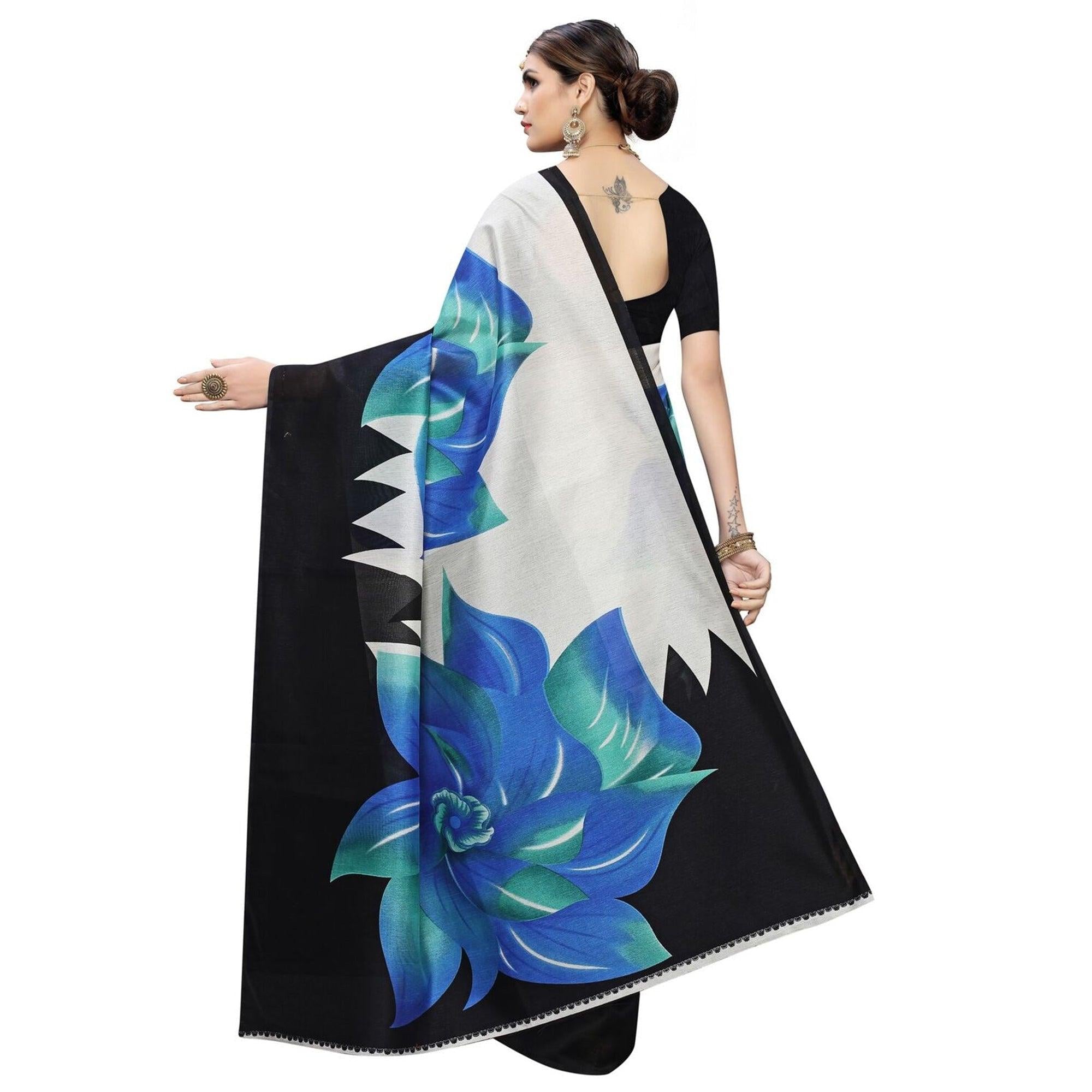 Blooming Blue Colored Casual Wear Floral Printed Art Silk Saree - Peachmode