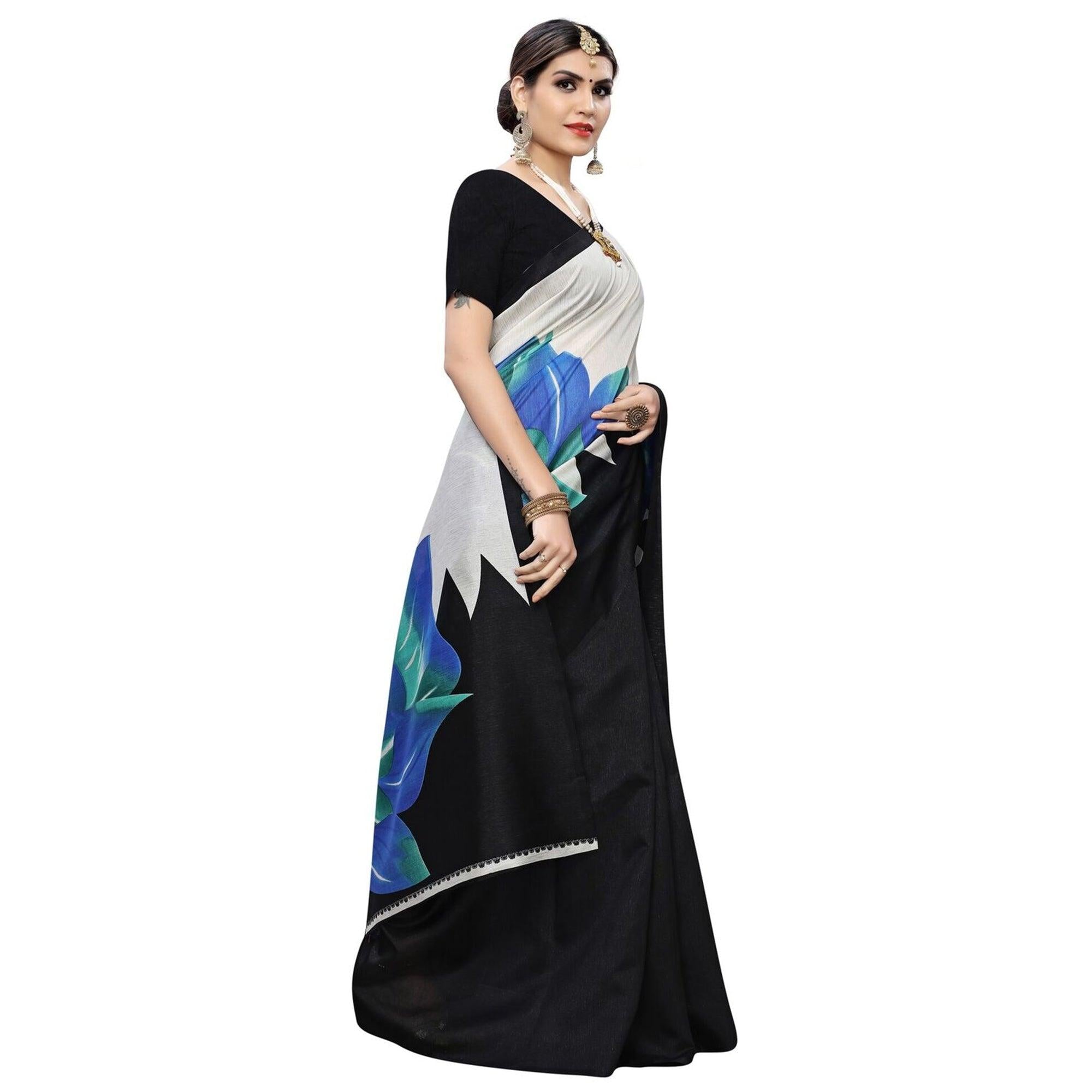 Blooming Blue Colored Casual Wear Floral Printed Art Silk Saree - Peachmode