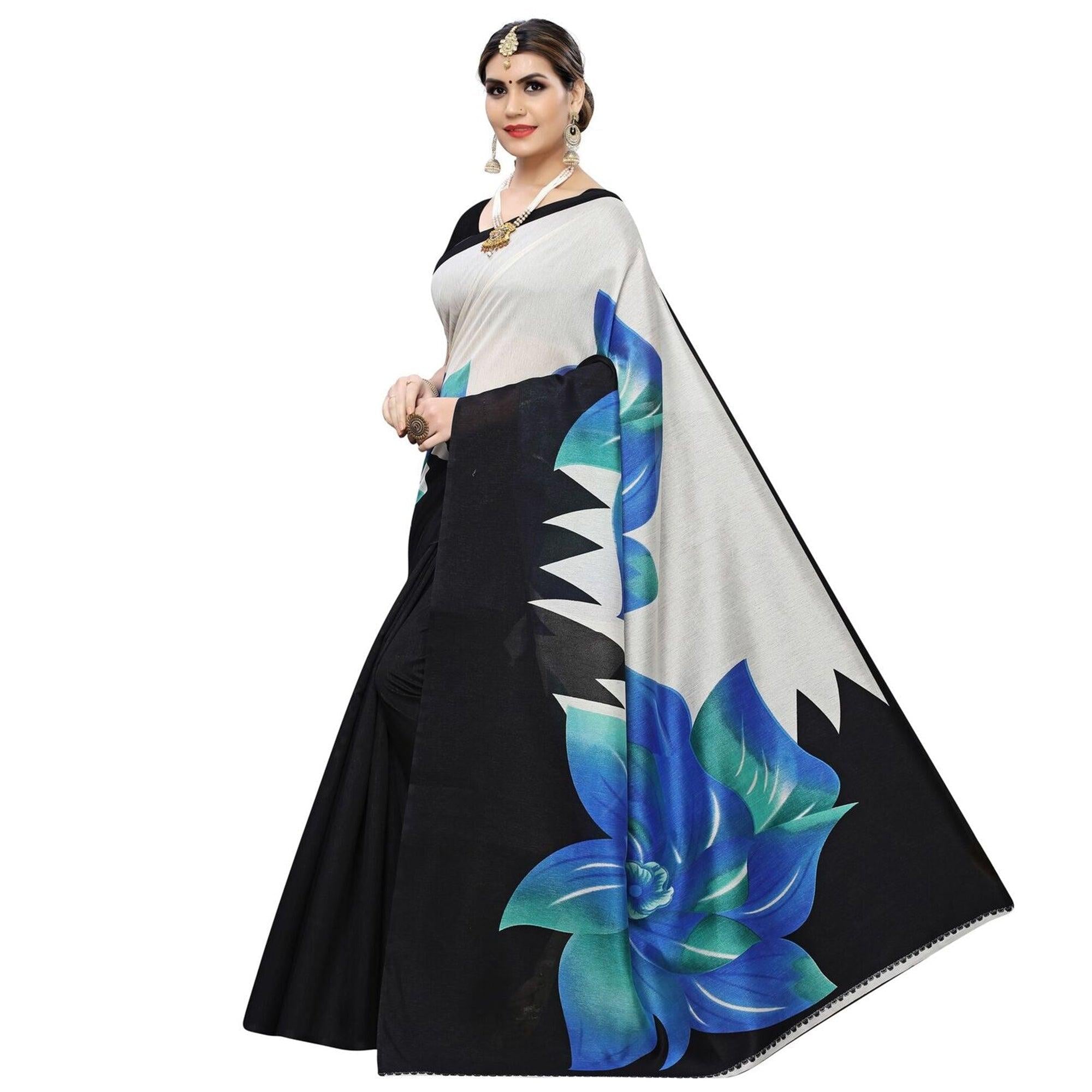 Blooming Blue Colored Casual Wear Floral Printed Art Silk Saree - Peachmode