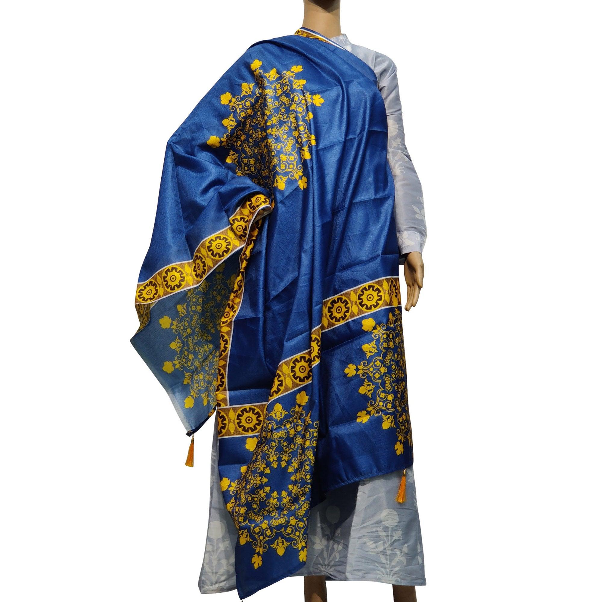 Blooming Blue Colored Casual Wear Printed Cotton Silk Dupatta With Tassels - Peachmode