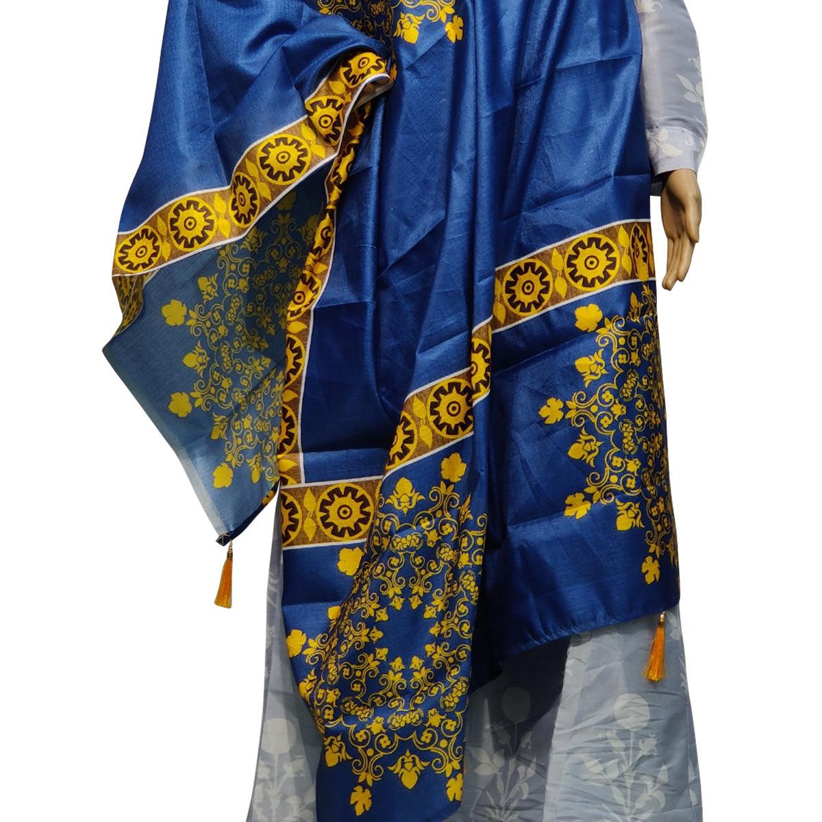 Blooming Blue Colored Casual Wear Printed Cotton Silk Dupatta With Tassels - Peachmode