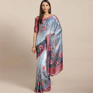 Blooming Blue Colored Casual Wear Printed Satin Crepe Saree - Peachmode
