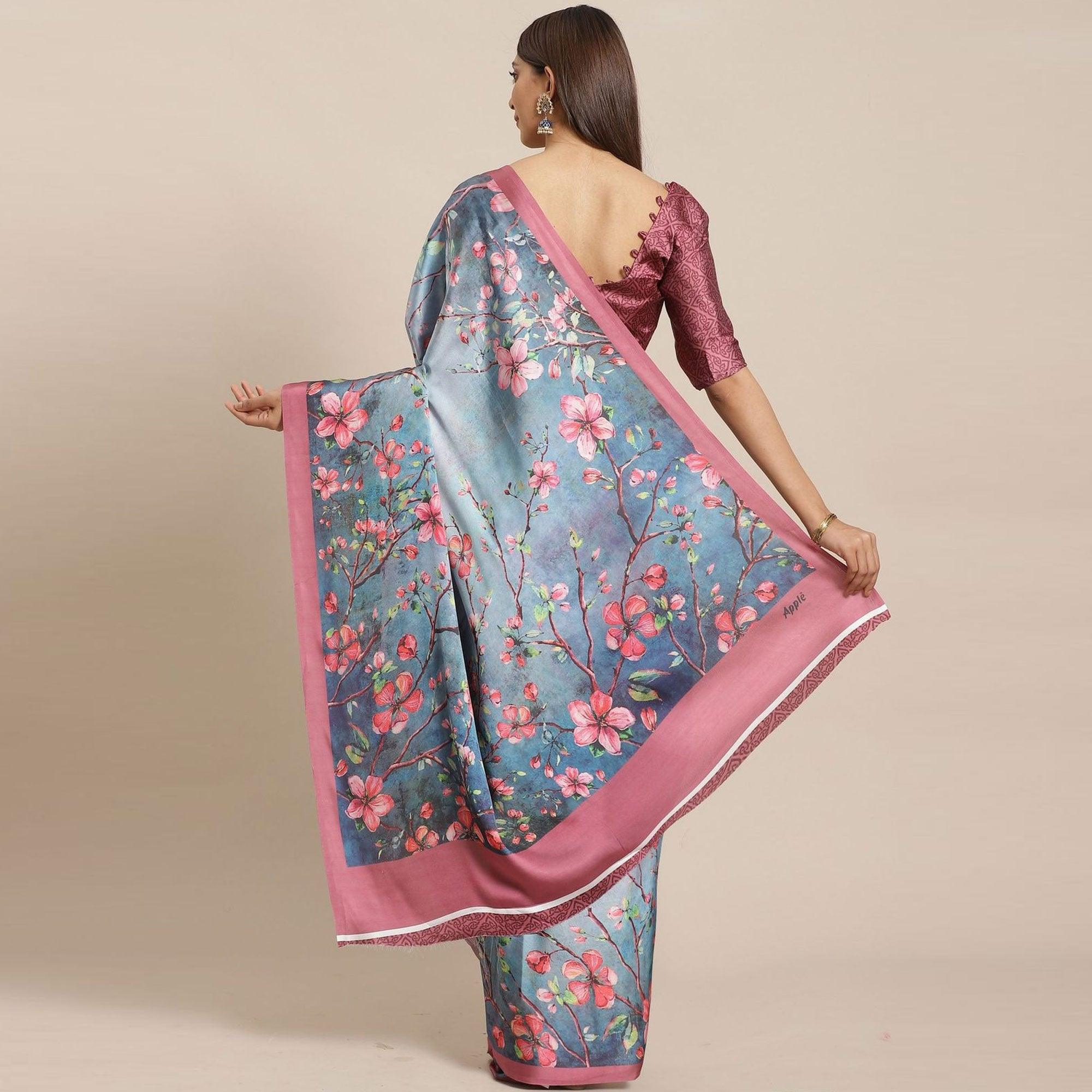 Blooming Blue Colored Casual Wear Printed Satin Crepe Saree - Peachmode