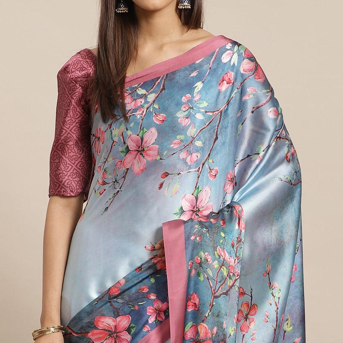 Blooming Blue Colored Casual Wear Printed Satin Crepe Saree - Peachmode