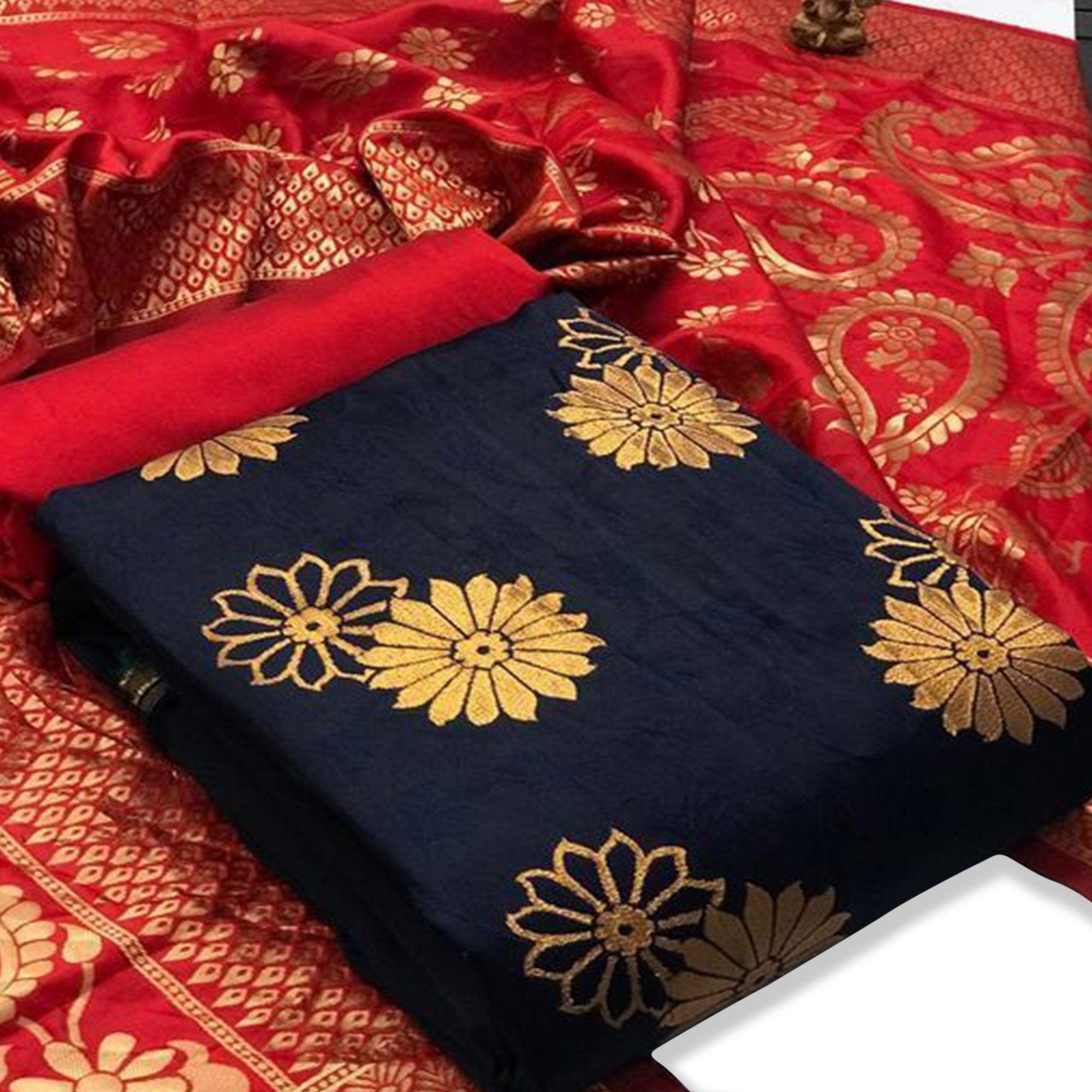 Blooming Blue Colored Casual Wear Woven Banarasi Silk Dress Material - Peachmode