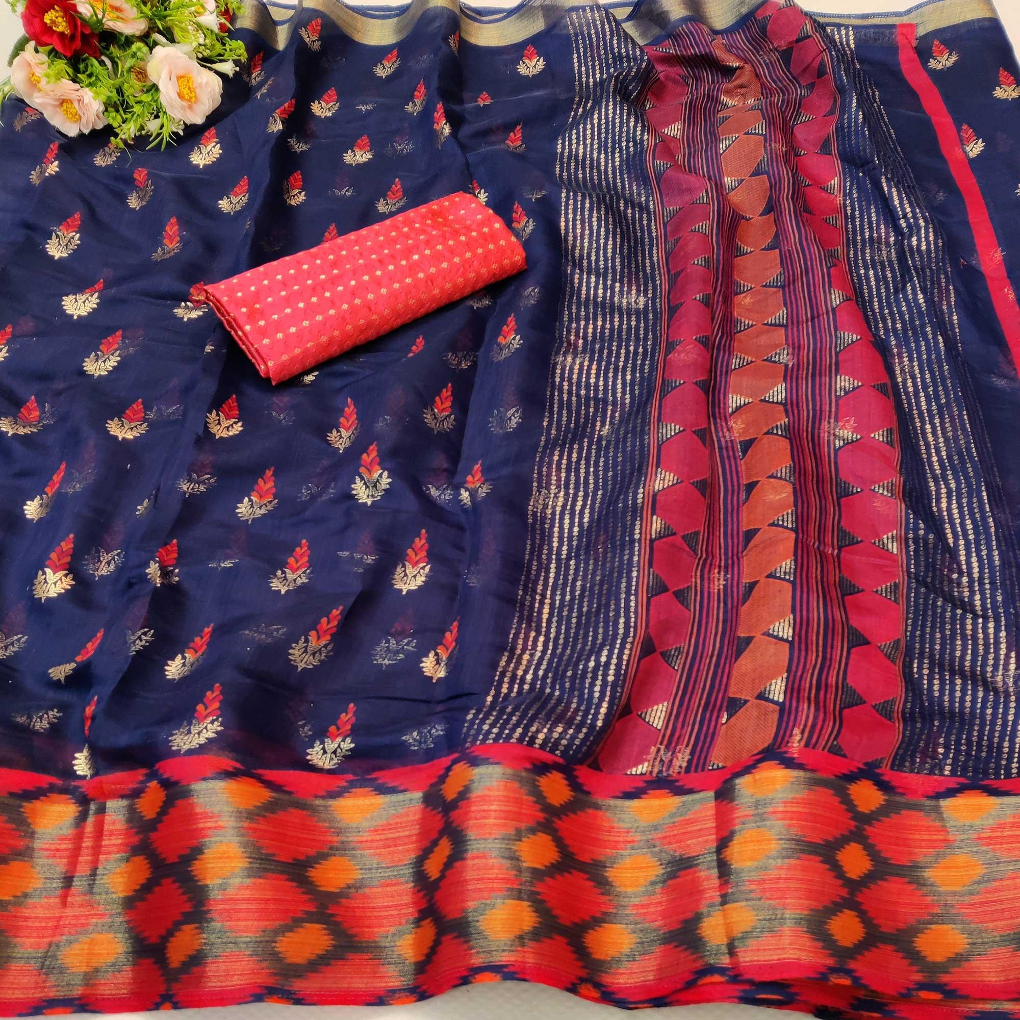 Blooming Blue Colored Festive Wear Foil Printed Cotton Silk Saree - Peachmode