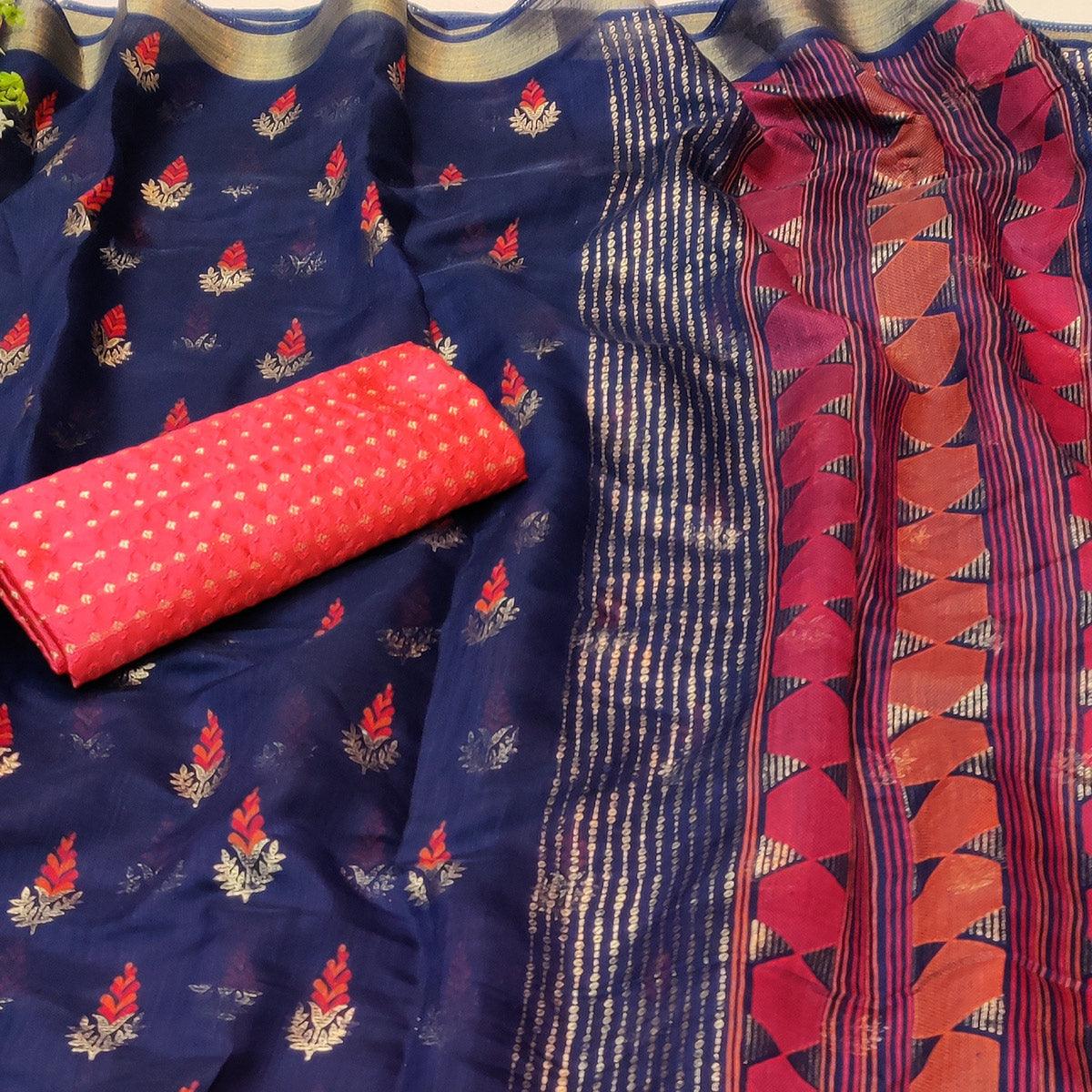 Blooming Blue Colored Festive Wear Foil Printed Cotton Silk Saree - Peachmode