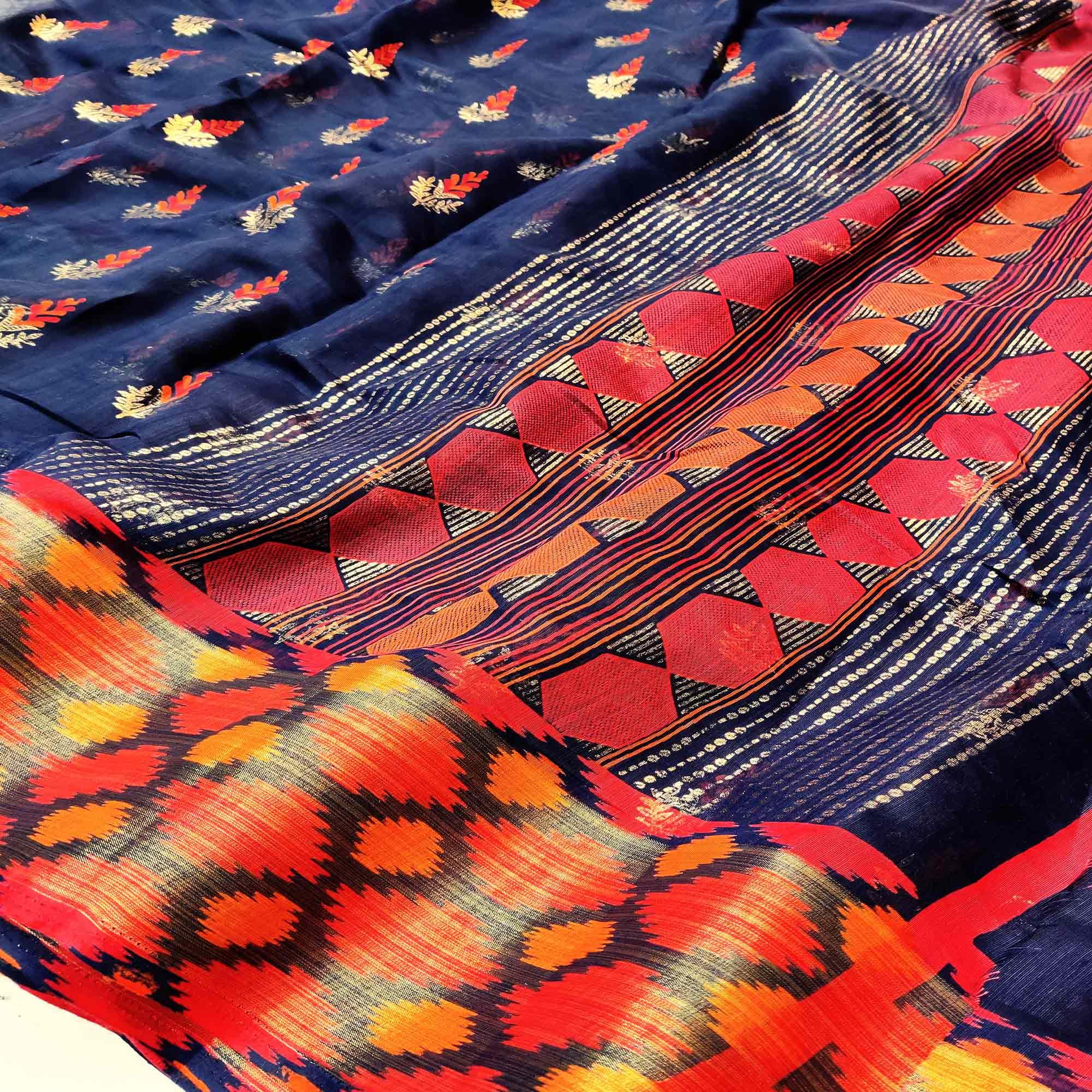 Blooming Blue Colored Festive Wear Foil Printed Cotton Silk Saree - Peachmode