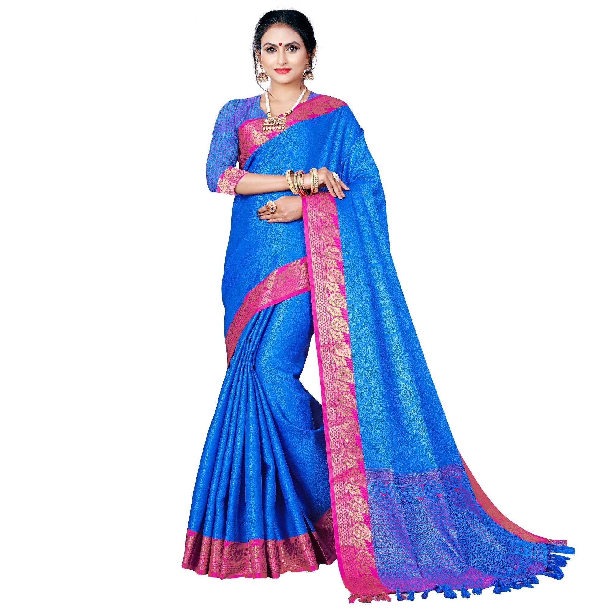 Blooming Blue Colored Festive Wear Woven Banarasi Silk Saree - Peachmode