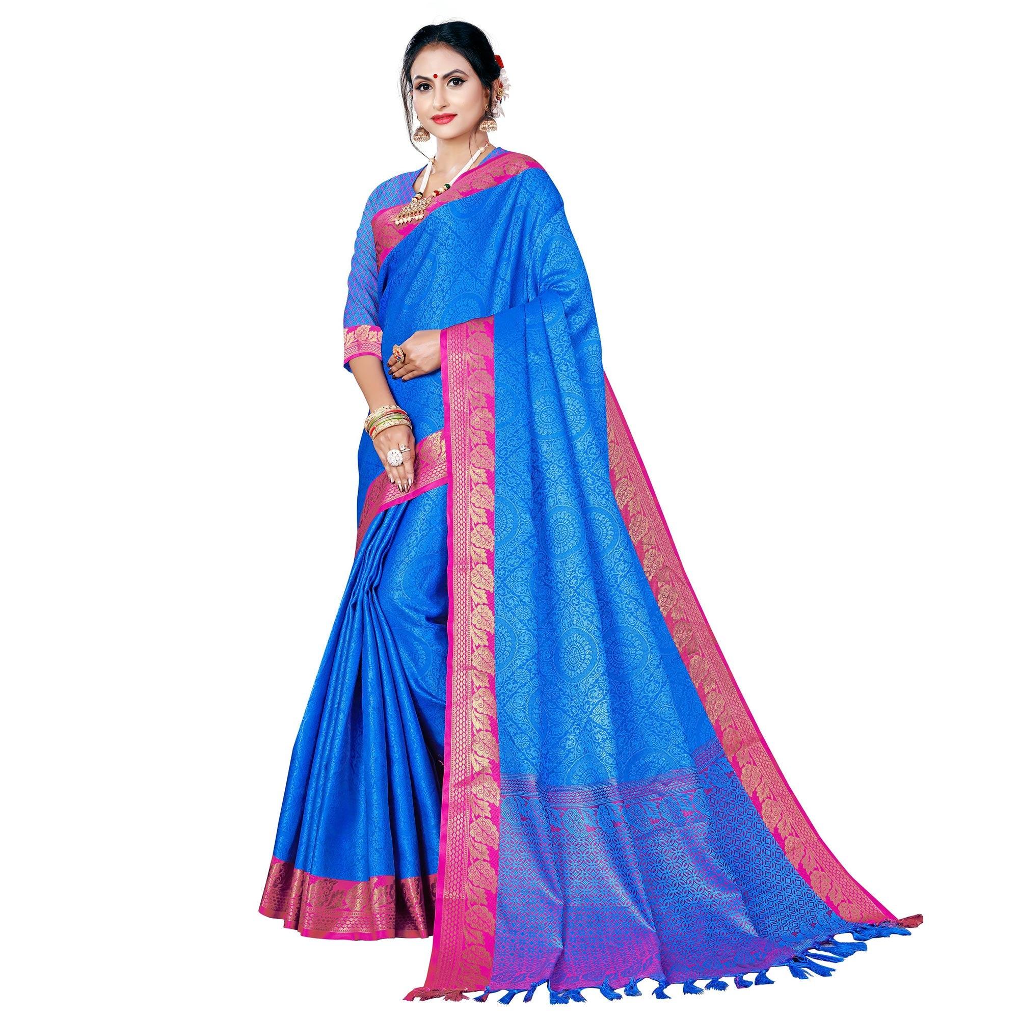 Blooming Blue Colored Festive Wear Woven Banarasi Silk Saree - Peachmode