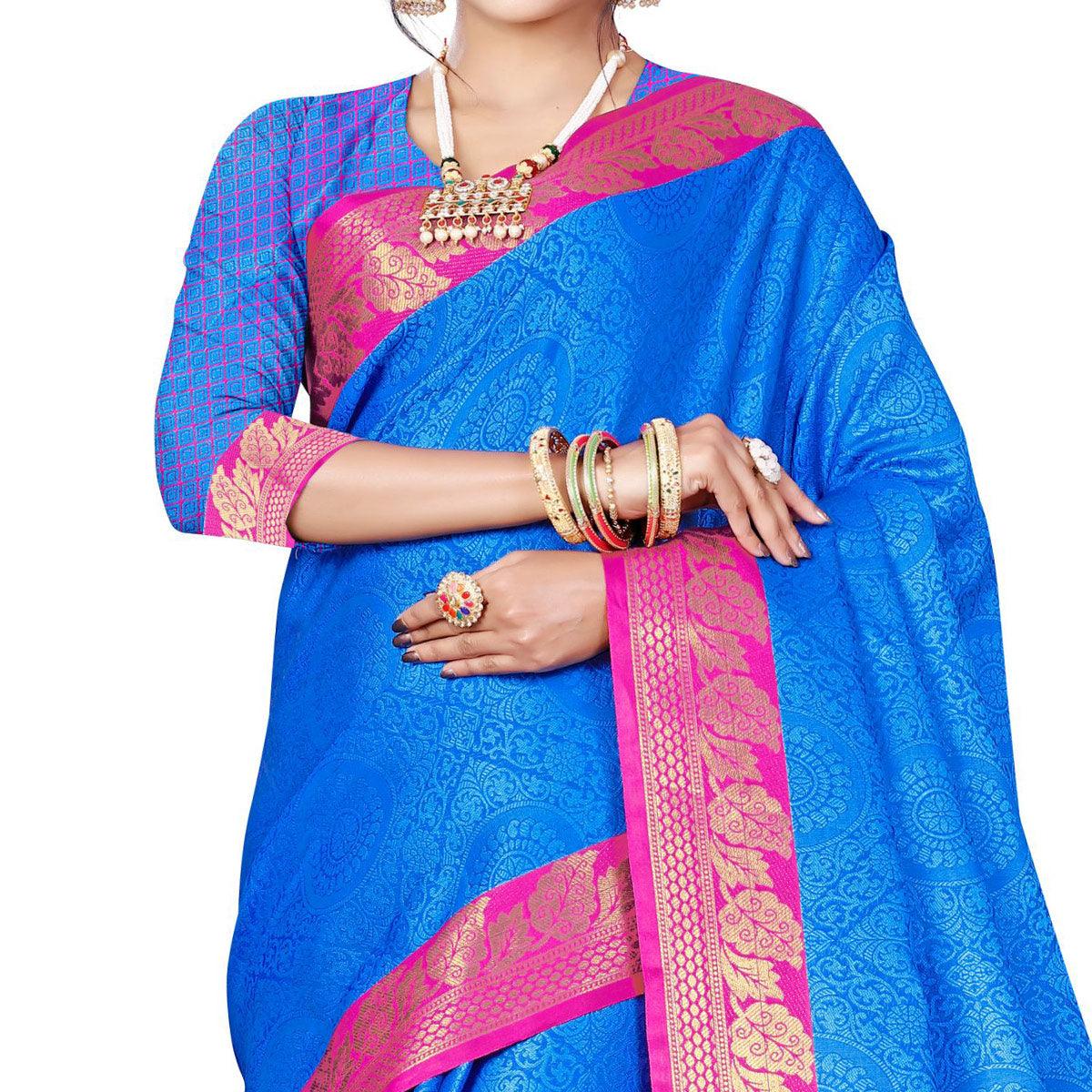 Blooming Blue Colored Festive Wear Woven Banarasi Silk Saree - Peachmode