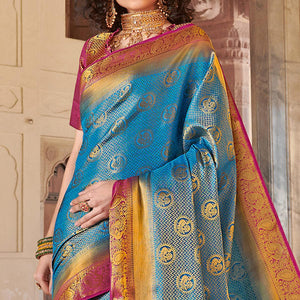 Blooming Blue Colored Festive Wear Woven Silk Saree - Peachmode