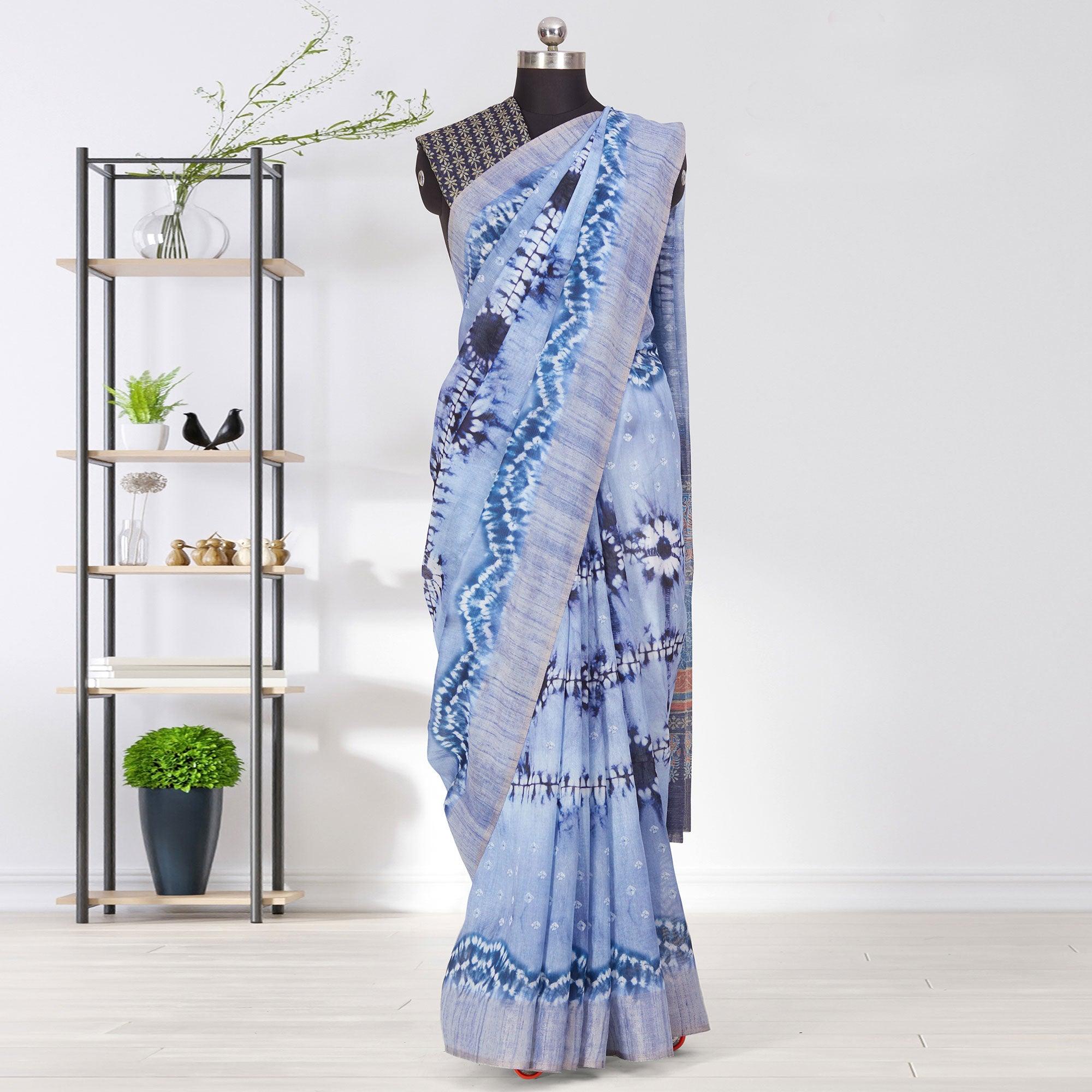 Blooming Blue Coloured Casual Wear Printed Linen Saree - Peachmode