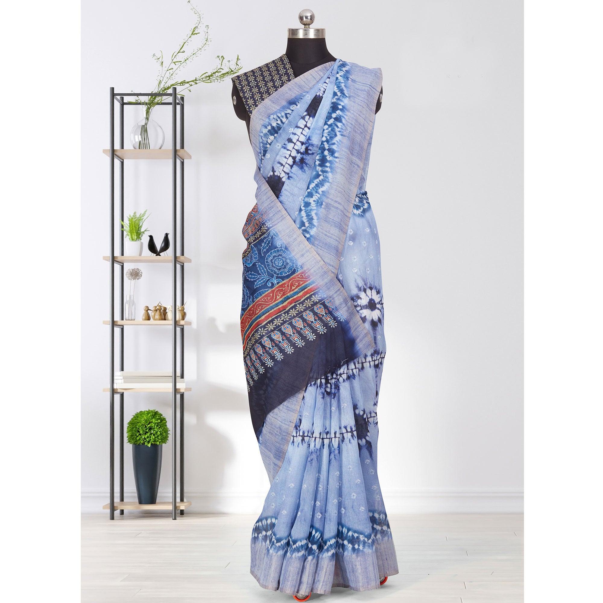 Blooming Blue Coloured Casual Wear Printed Linen Saree - Peachmode