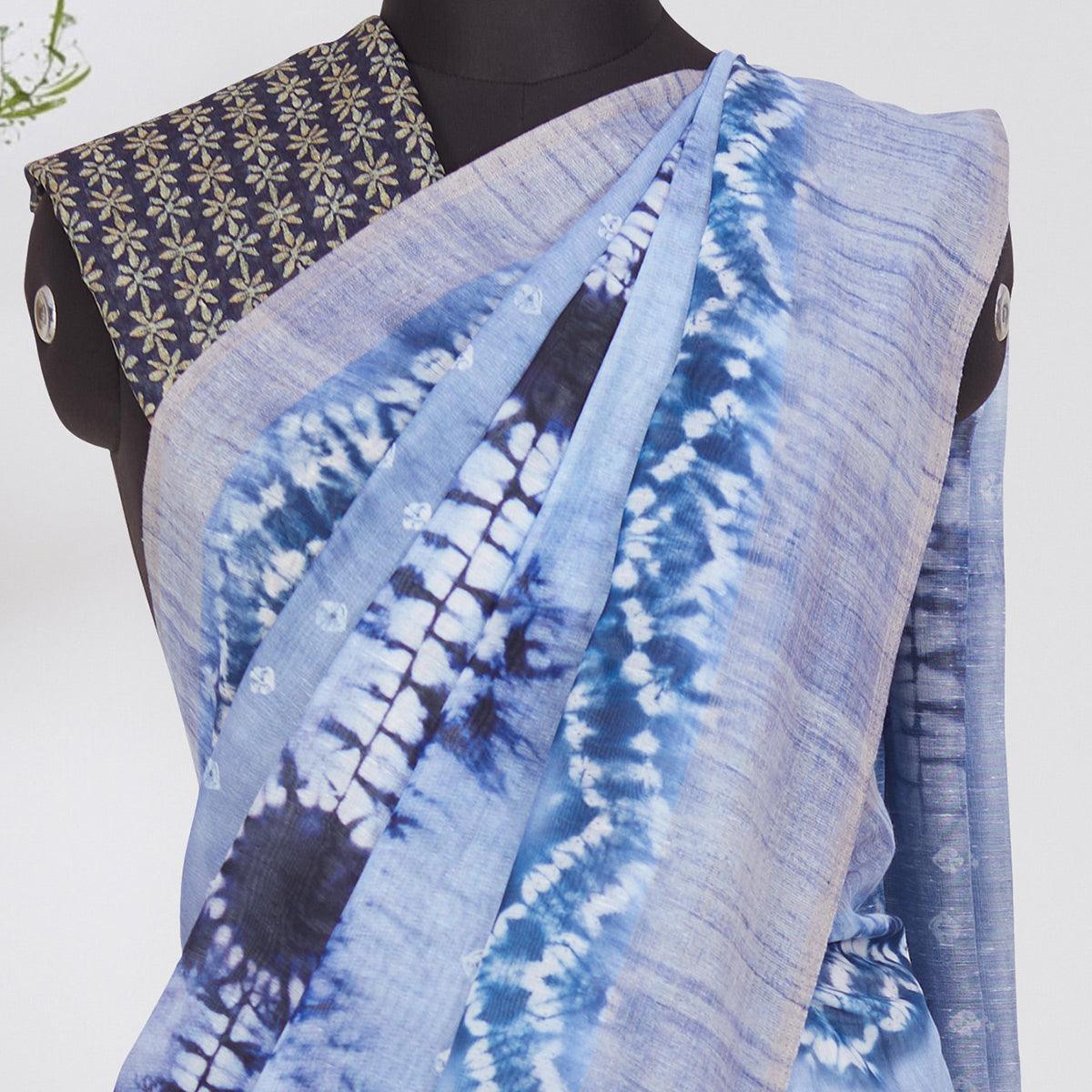 Blooming Blue Coloured Casual Wear Printed Linen Saree - Peachmode