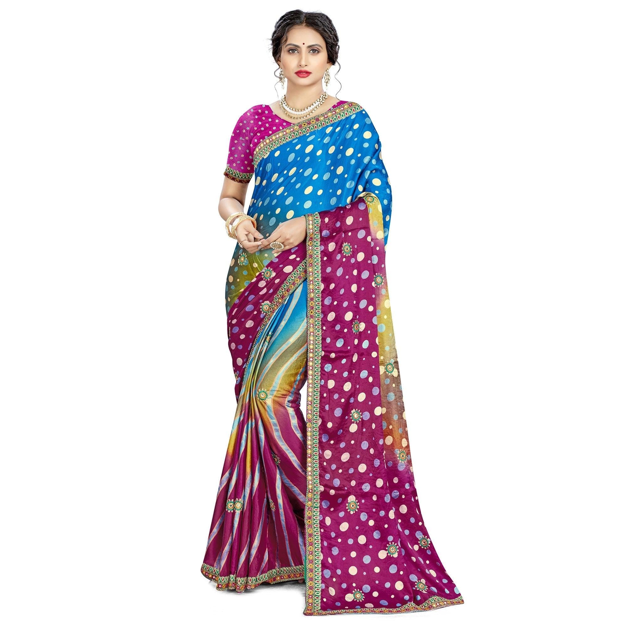 Blooming Blue - Purple Colored Casual Wear Printed Satin Saree - Peachmode