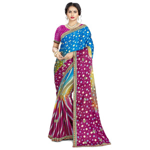 Blooming Blue - Purple Colored Casual Wear Printed Satin Saree - Peachmode